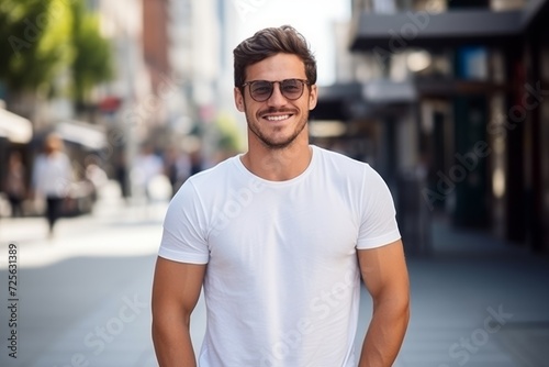 Portrait of a handsome young man wearing sunglasses and smiling at the camera