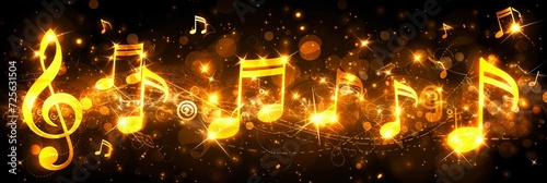 Melodic notes and signs on dark abstract background creating captivating musical banner.
