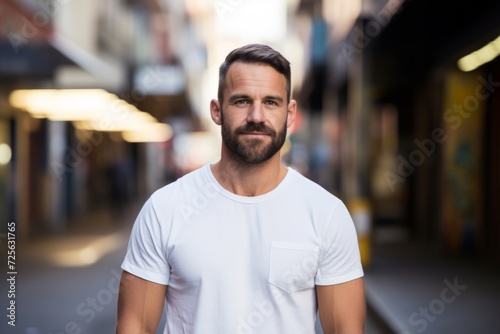 Portrait of a handsome bearded man in a white T-shirt.