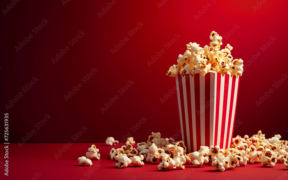 Popcorn in red and white striped box with copy space on red background Popcorn in red and white striped box with copy space on red background