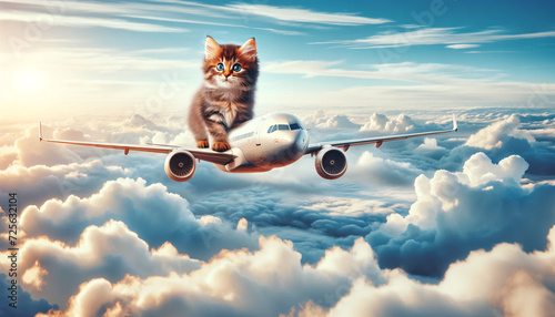 GIant cat sitting on a flying airplane over the clouds © Alexander