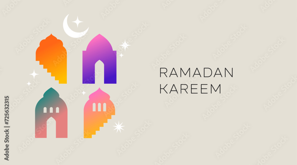 Collection of modern style Ramadan Mubarak colorful designs. Greeting card, background. Windows and arches with moon, mosque dome and lanterns Collection of modern style Ramadan Mubarak colorful designs. Greeting card, background. Windows and arches with moon, mosque dome and lanterns