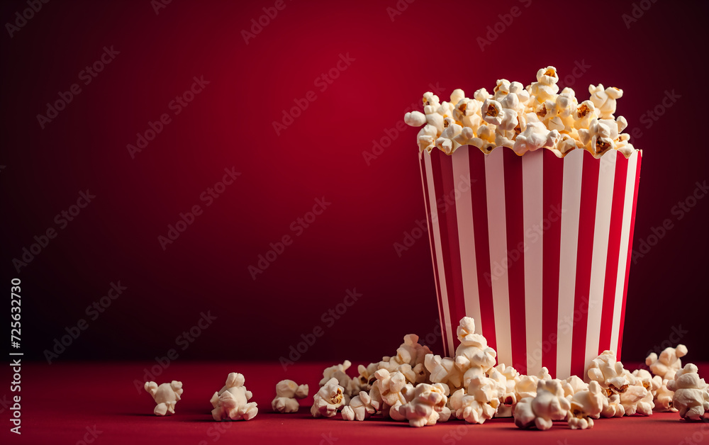 Popcorn in red and white striped box with copy space on red background Popcorn in red and white striped box with copy space on red background