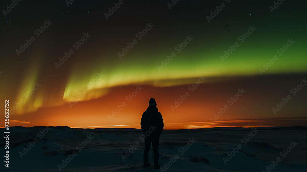 A person looking in a stunning aurora borealis, Generative AI