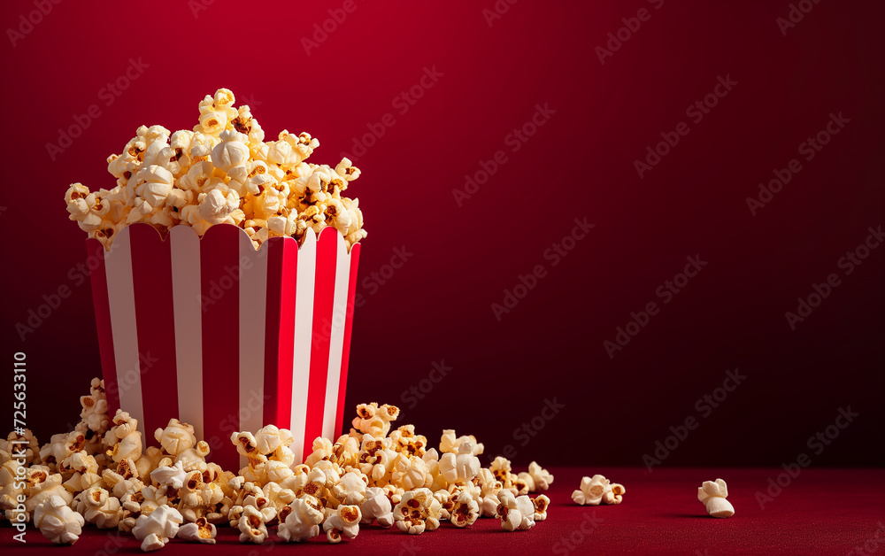 Popcorn in red and white striped box with copy space on red background Popcorn in red and white striped box with copy space on red background