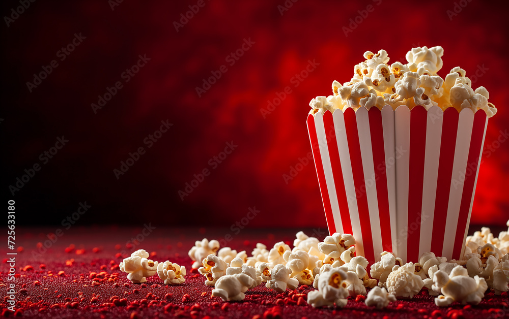 Popcorn in red and white striped box with copy space on red background Popcorn in red and white striped box with copy space on red background