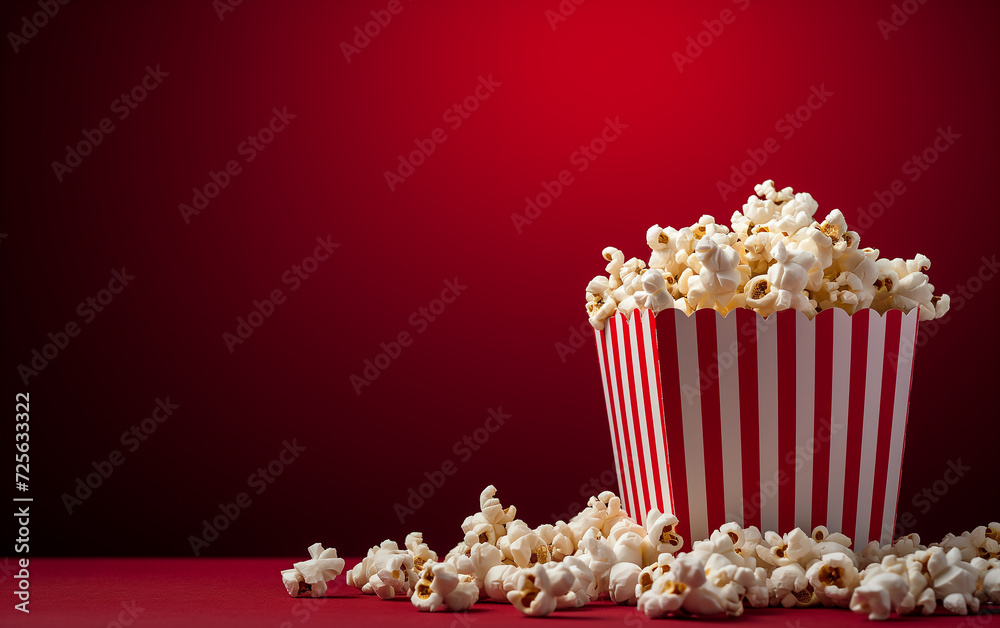 Popcorn in red and white striped box with copy space on red background