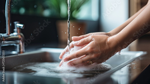 people wash their hands with liquid soap and water until thick foam forms in the sink using Generative AI Technology 
