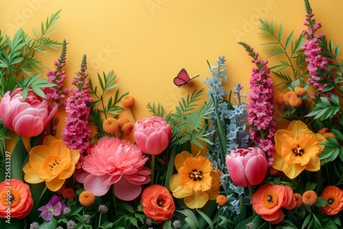 A vibrant cluster of assorted flowers arranged next to a solid wall.
