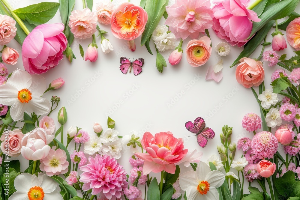 A diverse assortment of vibrant flowers placed neatly on a white frame, creating a colorful and lively display.