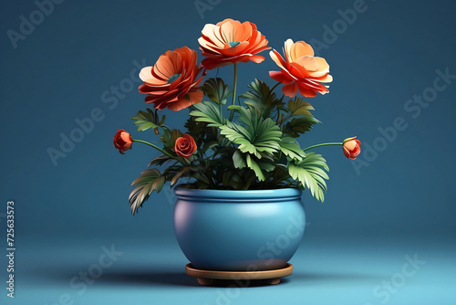 3d flower in a pot blue background