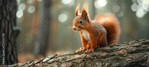 Wildlife animal photography background - Sweet crazy red squirrel (sciurus vulgaris) on a tree trunk in the forest © Corri Seizinger