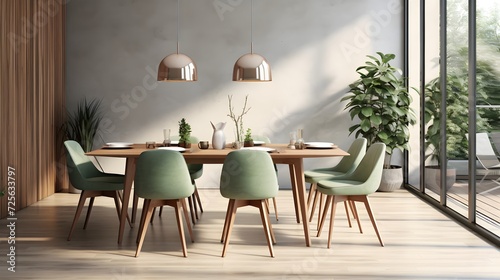 Interior design of modern dining room, wooden table and chairs 3d rendering © Ziyan Yang