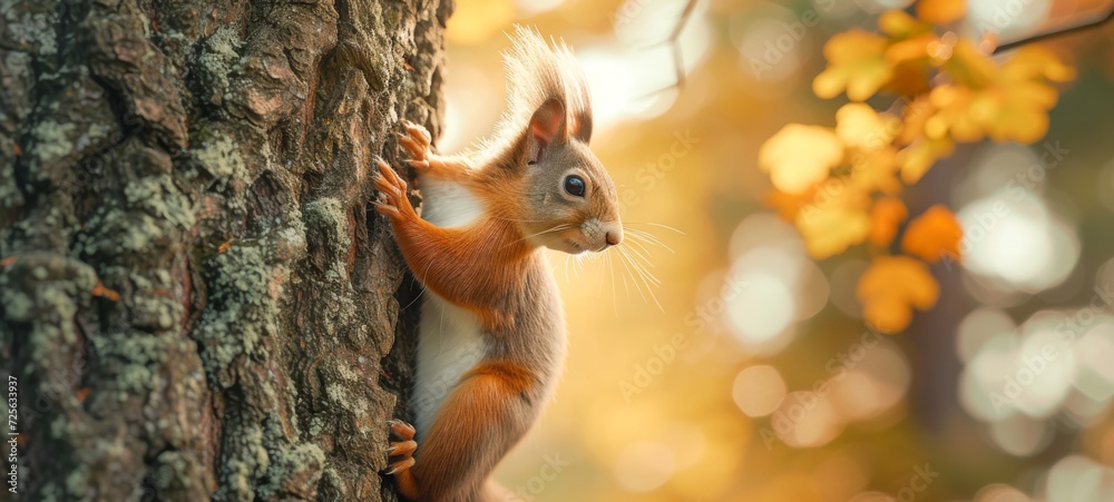 Fototapeta premium Wildlife animal photography background - Sweet crazy red squirrel (sciurus vulgaris) on a tree trunk in the forest