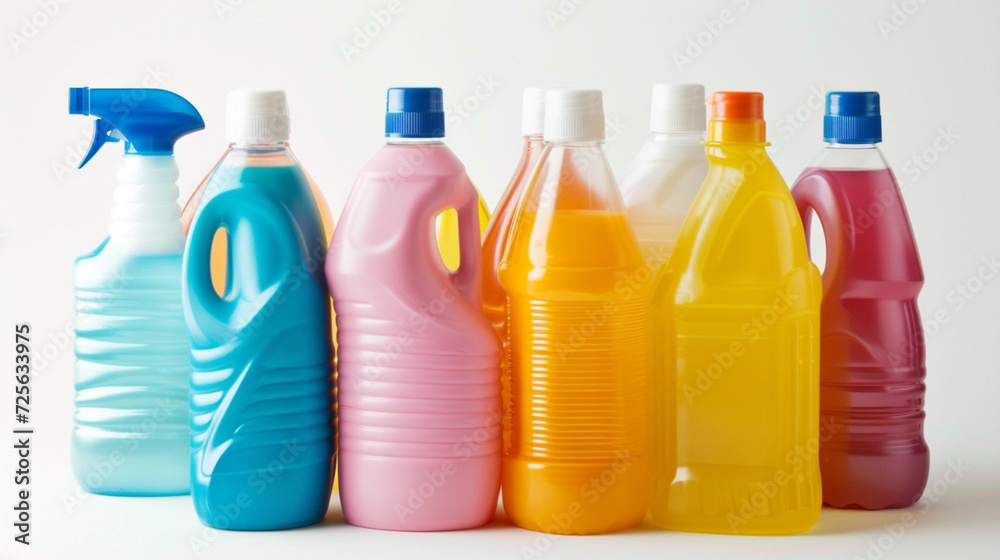 Different detergent bottles on a white background