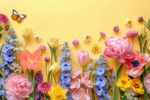 A group of vibrant flowers arranged beside a yellow wall.