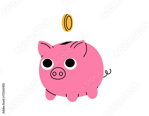 Hand drawn cute cartoon illustration of coin falls inside piggy bank. Flat vector moneybox for savings sticker in doodle style. Bank deposit or financial cushion icon. Investment. Isolated.