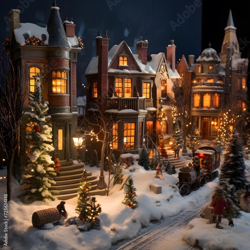 Christmas village in snow at night. Christmas and New Year concept.