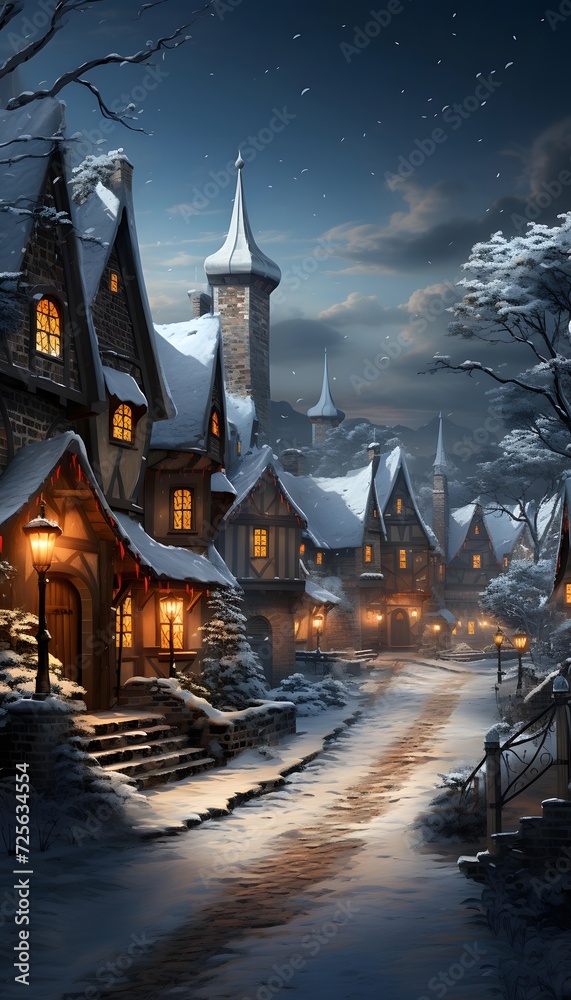 Winter landscape with old houses in the village at night. Winter fairy tale