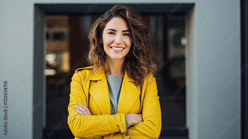 Smiling and confident woman standing with arms crossed in casual clothes against bright wall at home Smiling and confident woman standing with arms crossed in casual clothes against bright wall at home