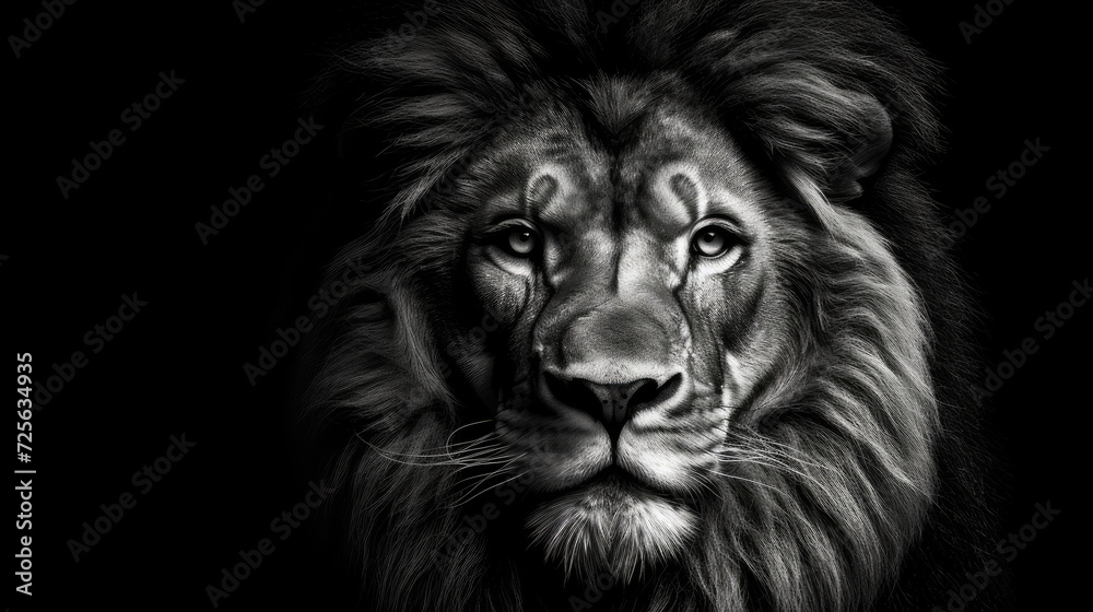 black and white portrait of the face and head of a pride of lions with high contrast front view created with Generative AI Technology