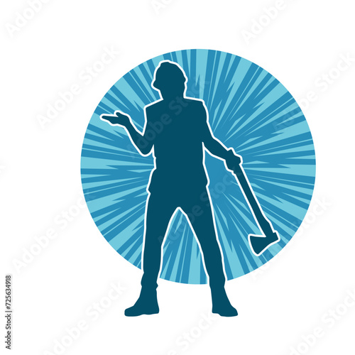 Silhouette of a worker in action pose using his axe tool.