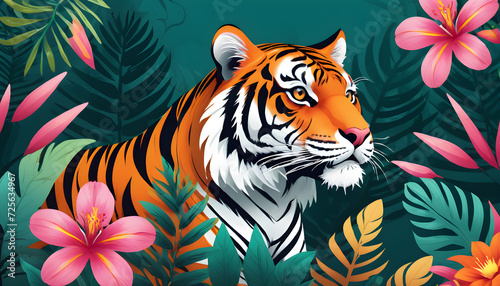 Majestic Tiger Illustrated Against a Lush Floral Background in Vibrant Colors