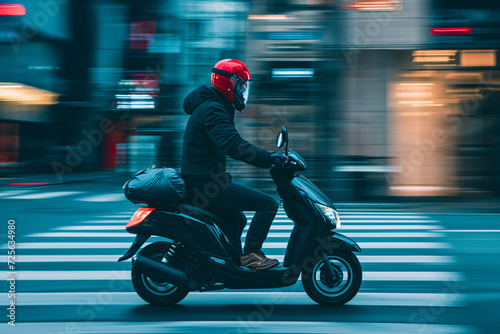 scooter rider in red helmet with black hat and gloves driving down street in city scene photo