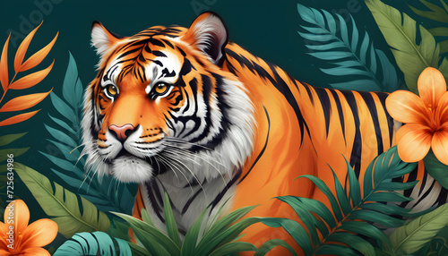 Majestic Tiger Illustrated Against a Lush Floral Background in Vibrant Colors