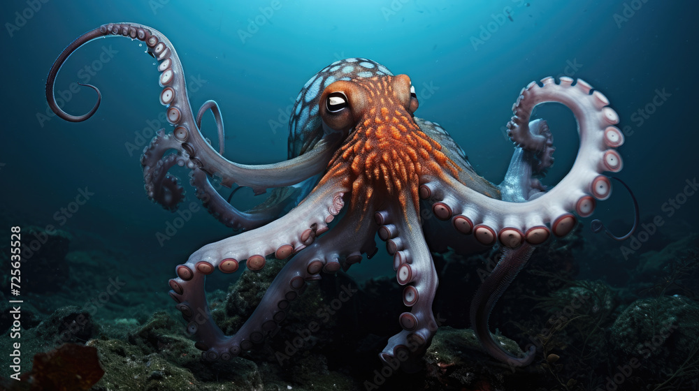 red octopus swimming on the seabed underwater red octopus swimming on the seabed underwater