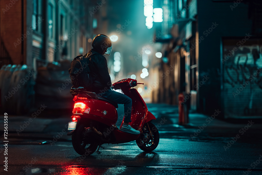 rider on a red moped in a dark city