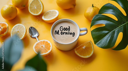 Stampa su tela Good Morning text word minimalist mockup background wallpaper, colorful happy he