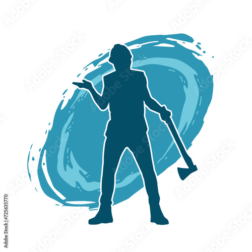 Silhouette of a worker in action pose using his axe tool.