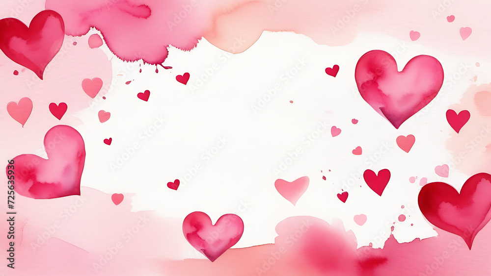 Watercolor Valentine Heart Background in pink red pastel colors