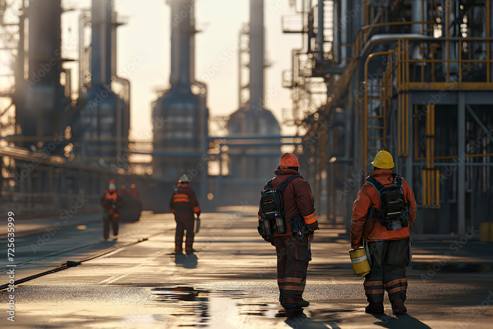 oil workers in uniform in front of refinery in the sun oil workers in uniform in front of refinery in the sun