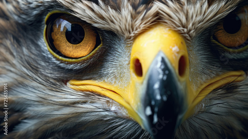 closeup macro details of an eagle's bird head, feathers , iris eyes and beak