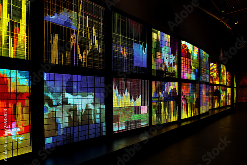 several different stock market screens illuminated in darkness stock photo 049398991