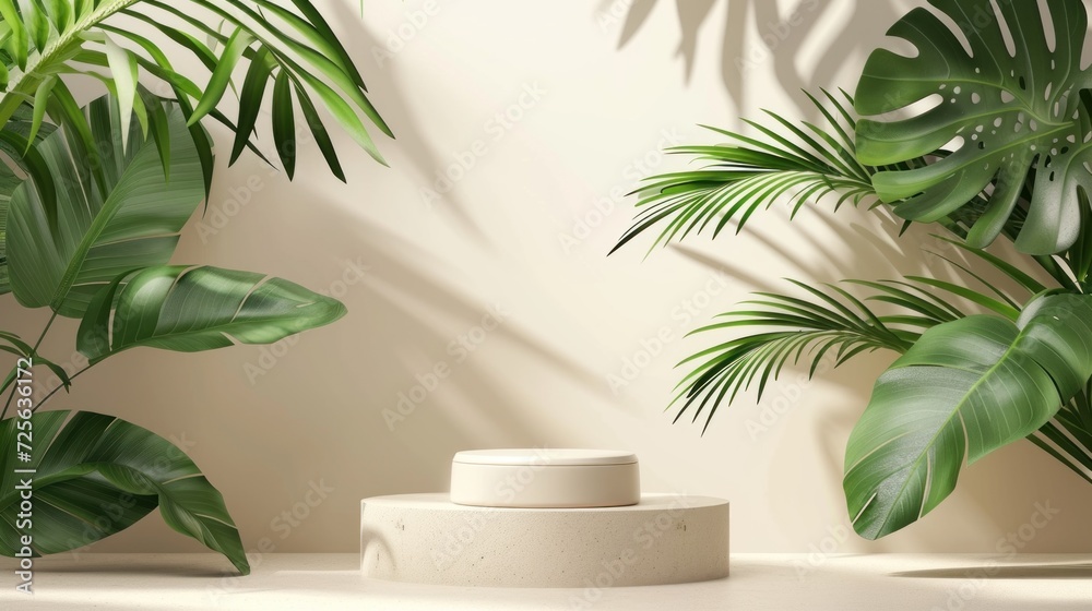 podium tropical leaves. Product podium scene design to showcase your product