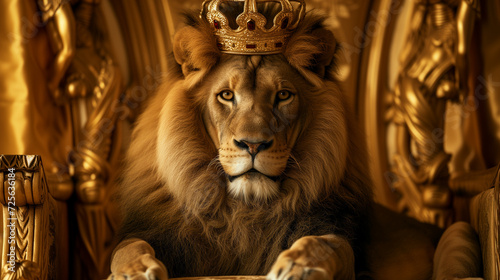 portrait proud lion staring right at the camera with intense powerful eyes, wearing king's robe and gold crown sitting on the huge throne, gold background