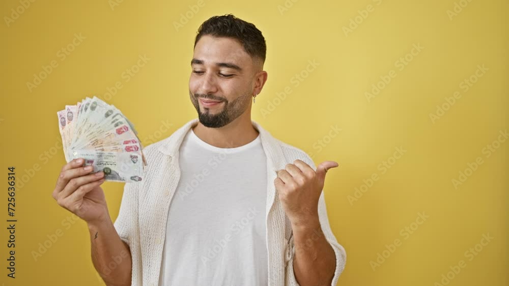 Joyful young arab man with open mouth and thumbs up, holding uae banknotes, smiling and pointing to side, isolated on yellow background Joyful young arab man with open mouth and thumbs up, holding uae banknotes, smiling and pointing to side, isolated on yellow background