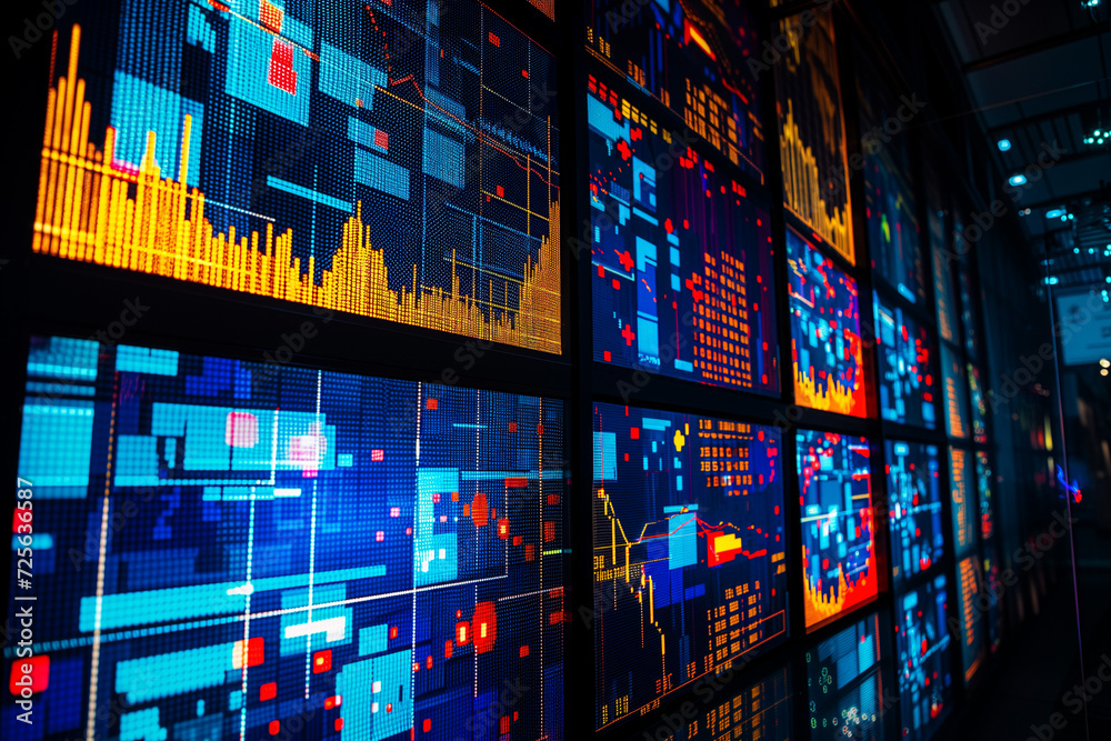 several different stock market screens illuminated in darkness stock photo 049398991