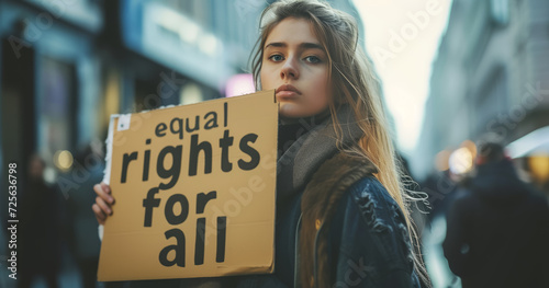 A woman holding a banner saying equal rights. Organized women, women's rights, demonstration and civil defense associations are demonstrating.  © byerenyerli