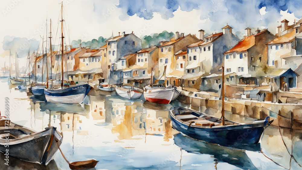 Boats at the harbor, light watercolor, white background.