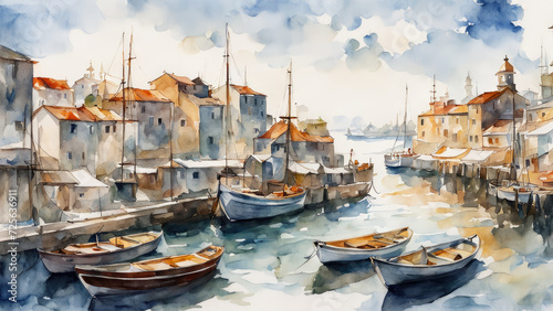 Boats at the harbor, light watercolor, white background. photo