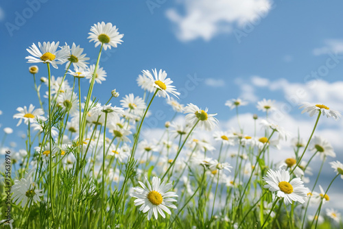 field of daisies amidst blue sky