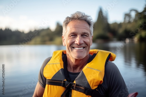 Portrait of happy senior man in life jacket smiling at camera while standing on lake © Nerea