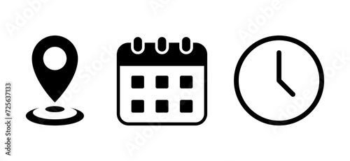 Location marker, calendar, and clock icon vector. Address, date, and time sign symbol
