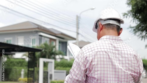 Elderly Asian contractor standing in front of new house holding blueprints to inspect the house. Construction industry concepts. Real estate.