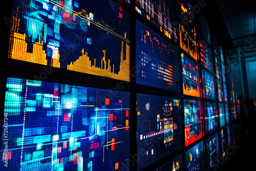 several different stock market screens illuminated in darkness stock photo 049398991