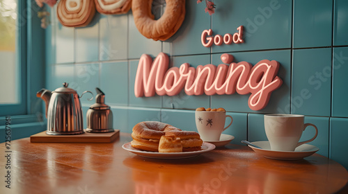 Fotografia Good Morning text word minimalist mockup background wallpaper, colorful happy ba